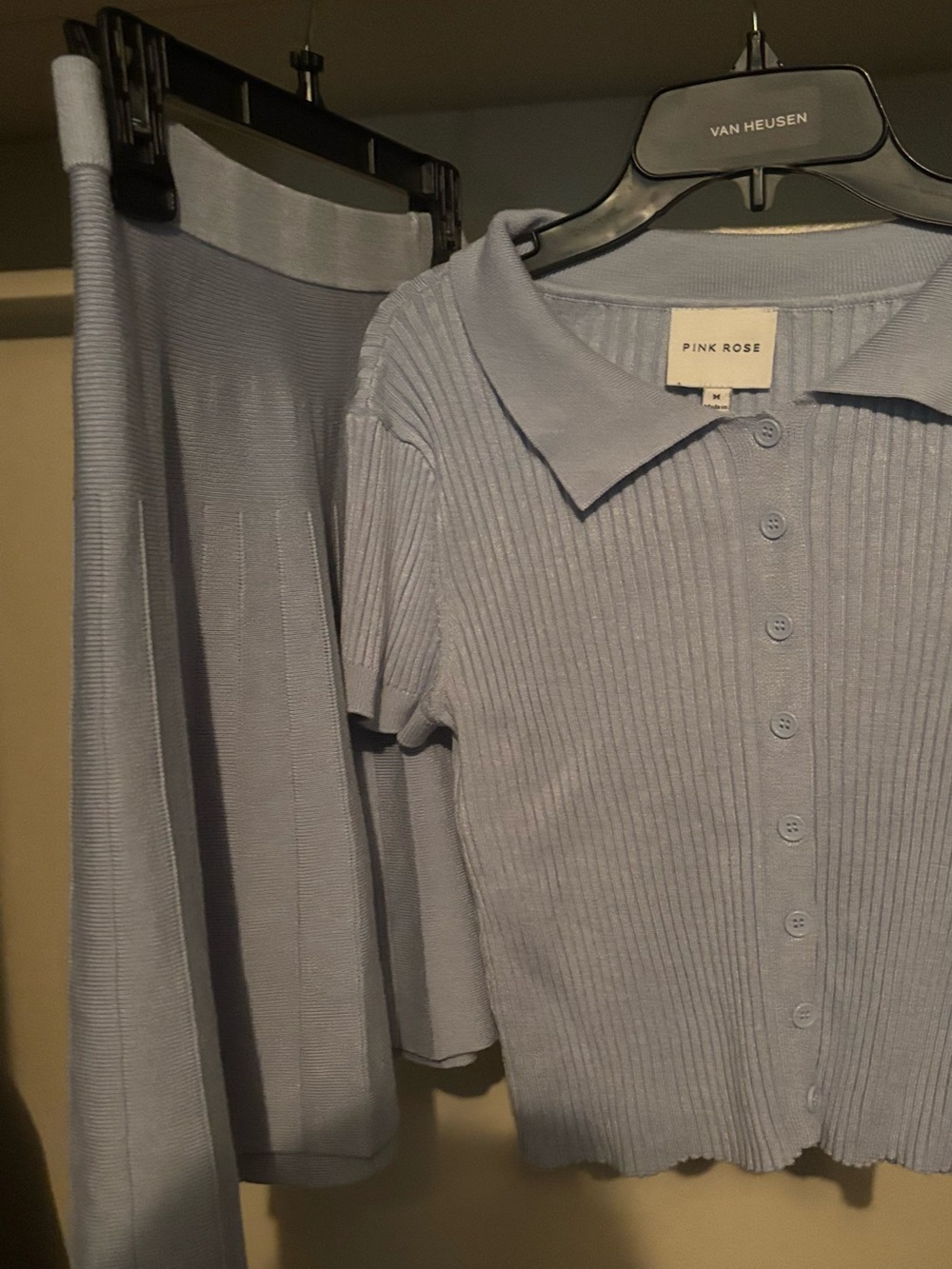 Pink Rose Ribbed Button-Up Polo Top and Matching Skirt in Light Blue